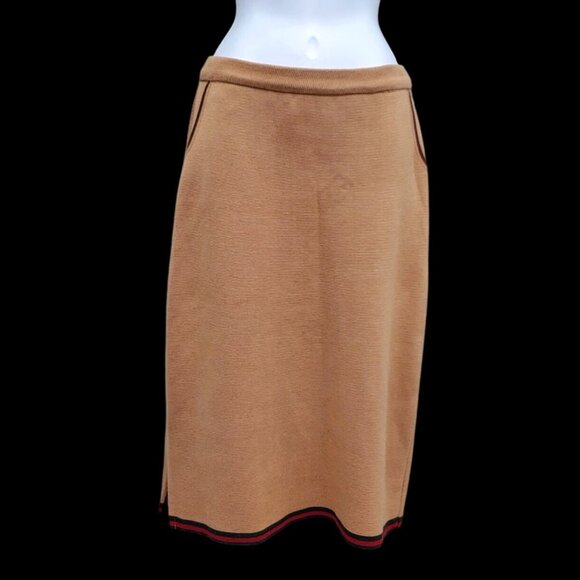 Vintage 60s 70s Wool Double-Knit Camel Skirt M Red Green Trim Pink Lining - Picture 2 of 11